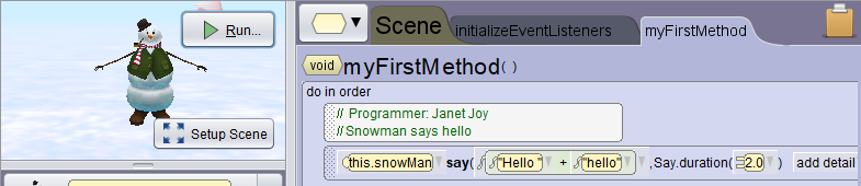 code for snowman say hello hello