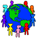 Picture of the world, surrounded by stick figures of children